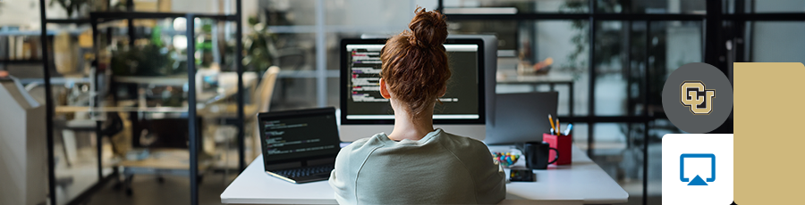 A woman is reading  a comptia security plus code on her computer screen