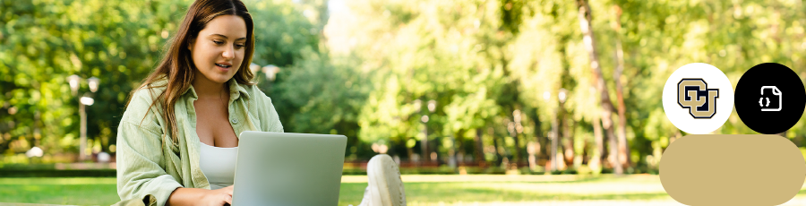 Individual using a laptop in a park, with icons for Colorado University and cybersecurity